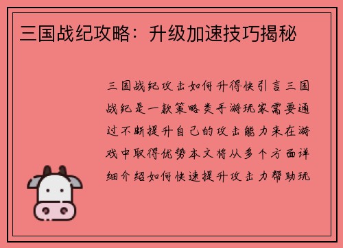 三国战纪攻略：升级加速技巧揭秘